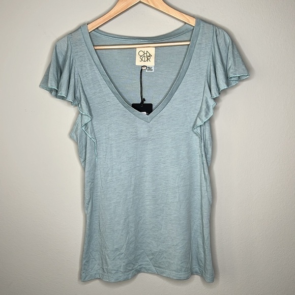 Chaser Vintage Jersey Flounce V-neck Short Sleeve Tee in Aloe Size Medium - Picture 1 of 5